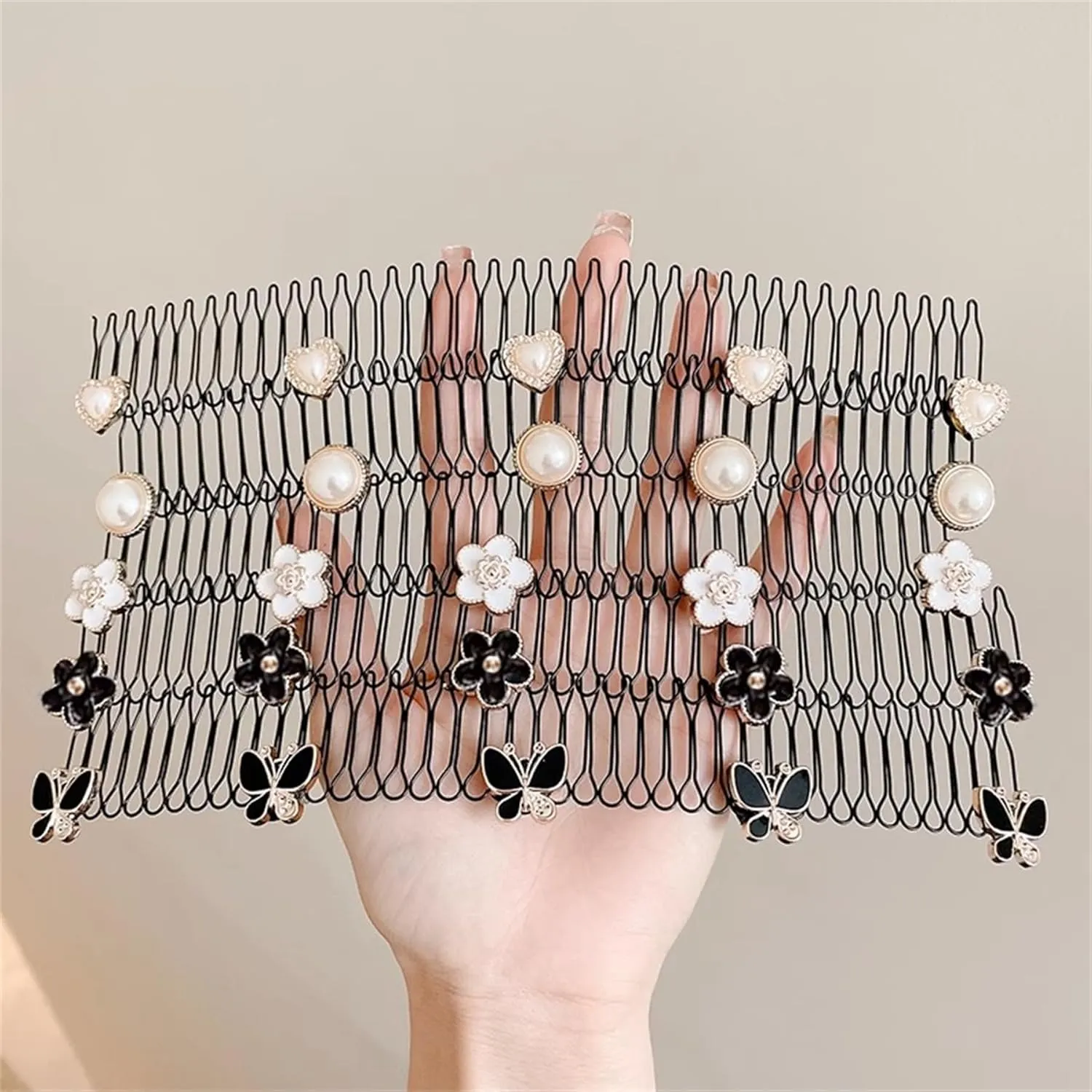 Bincout Meerore 4 PCS Metal Pearl Hair Band Headband Stretch Comb for Girls Women Elastic Stylish Sports Hairband Head Hoop with Non Slip Wavy Teeth A-#04