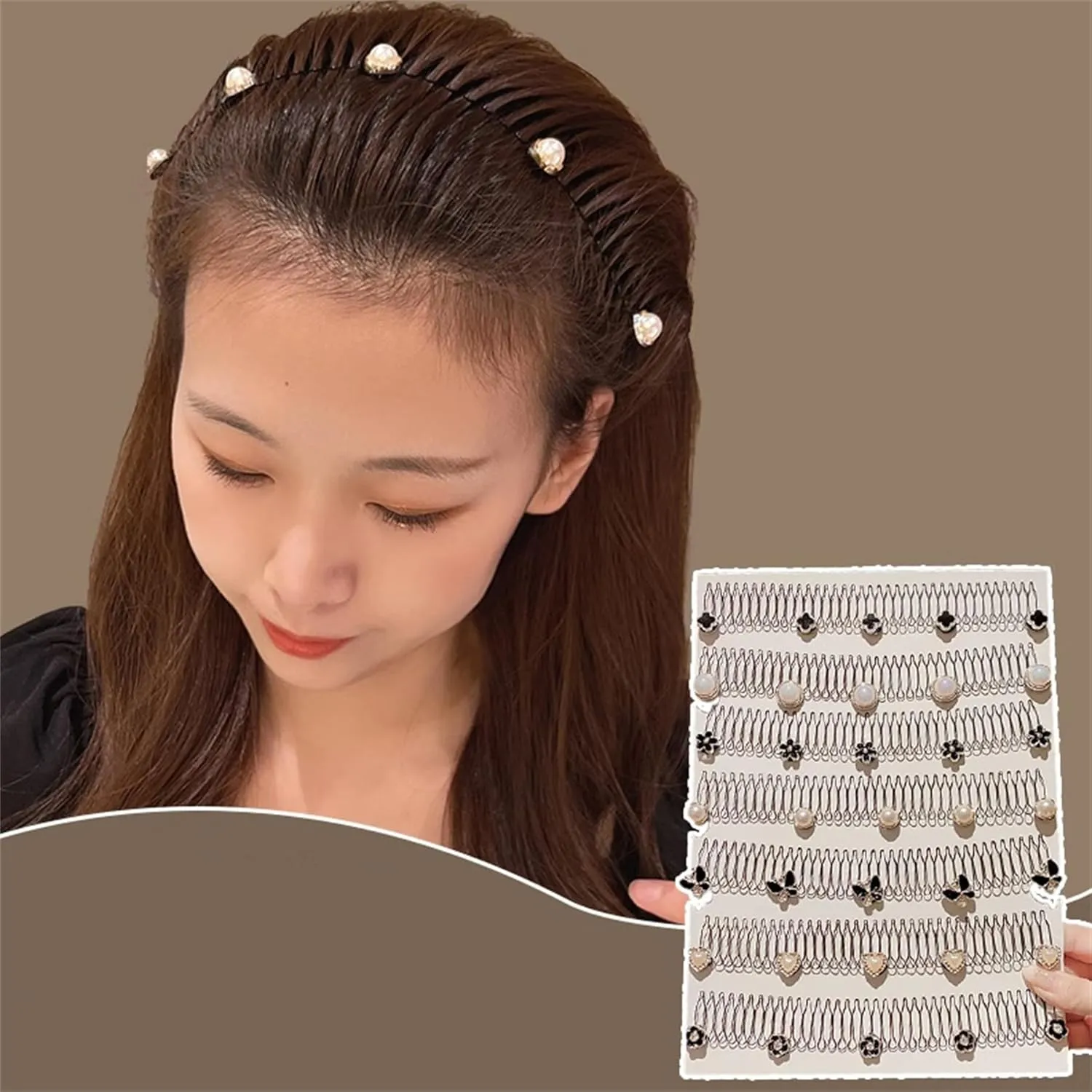 Bincout Meerore 4 PCS Metal Pearl Hair Band Headband Stretch Comb for Girls Women Elastic Stylish Sports Hairband Head Hoop with Non Slip Wavy Teeth A-#04