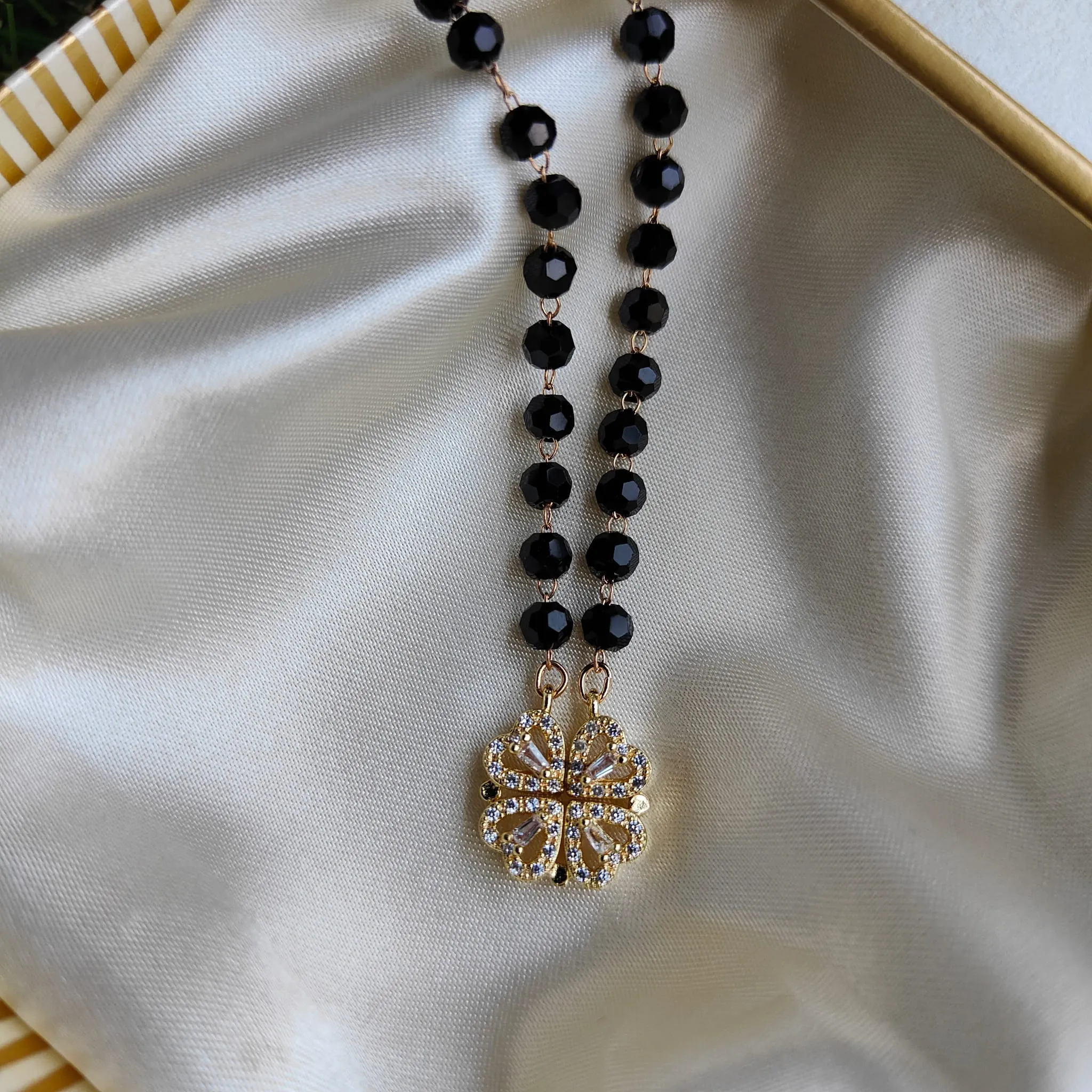 Black Bead Four Heart Magnet Foldable Zircon Mangalsutra Pendant Necklace