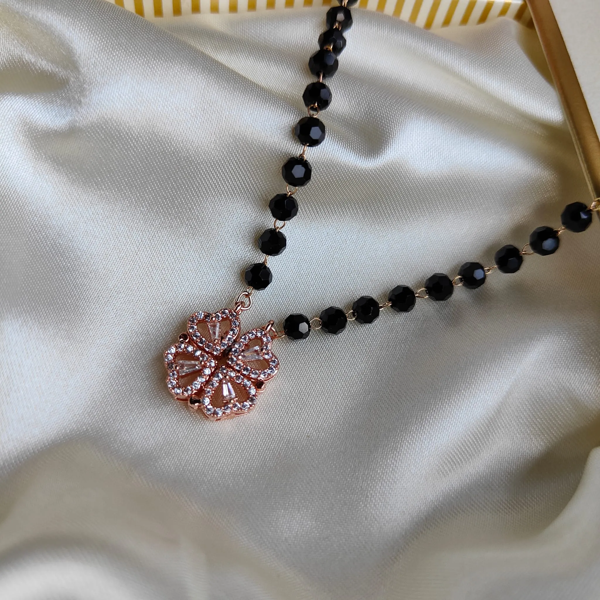 Black Bead Four Heart Magnet Foldable Zircon Mangalsutra Pendant Necklace