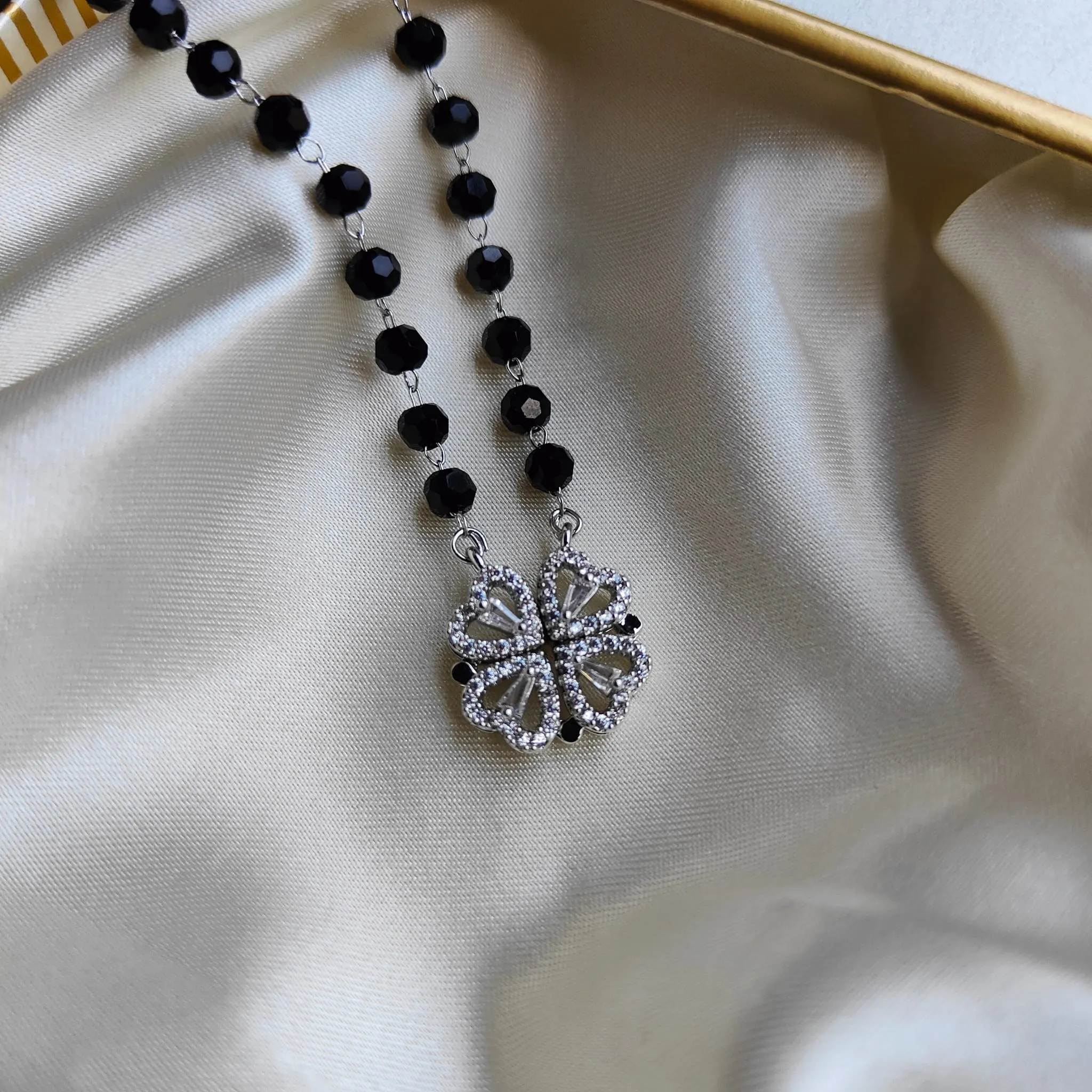 Black Bead Four Heart Magnet Foldable Zircon Mangalsutra Pendant Necklace