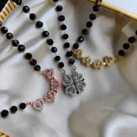Black Bead Four Heart Magnet Foldable Zircon Mangalsutra Pendant Necklace
