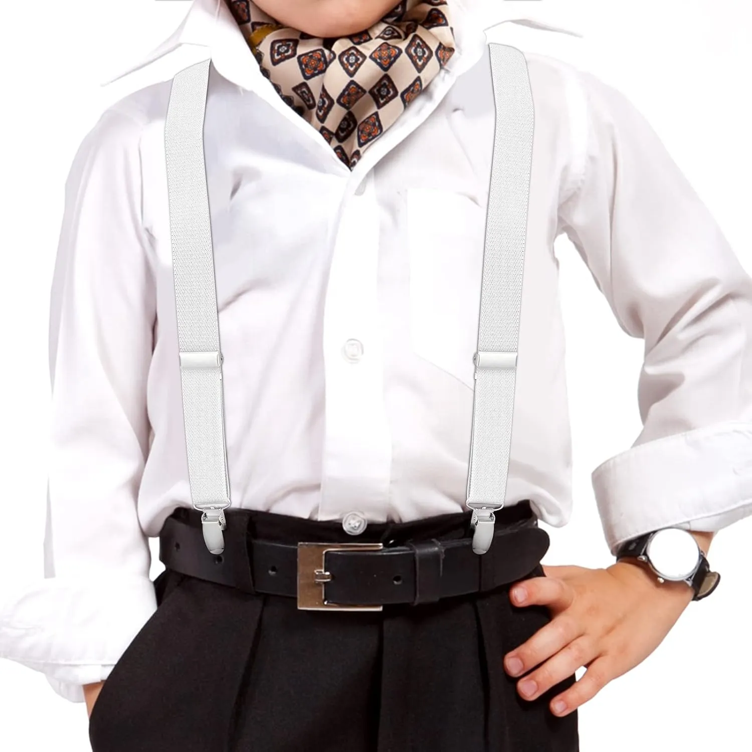 Buyless Fashion Adjustable Suspenders for Kids - 26" Elastic Straps 1" - Leather Y Shape Back - 5151