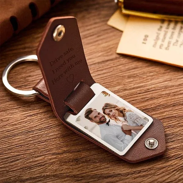 Custom Leather Photo Text Keychain Anniversary Gift For Christmas Gifts