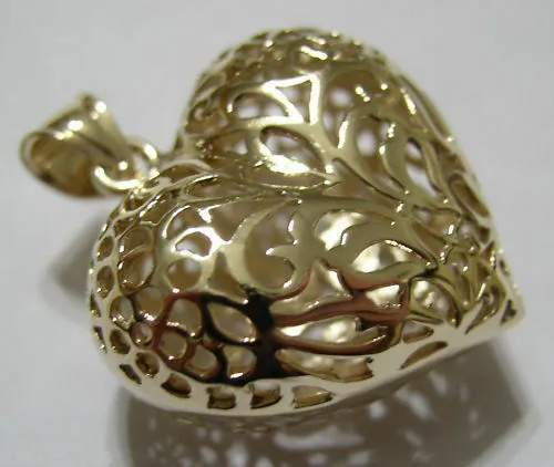 Kaedesigns, Genuine 9ct 9kt Large Yellow, Rose or White Gold Filigree Bubble Heart Pendant