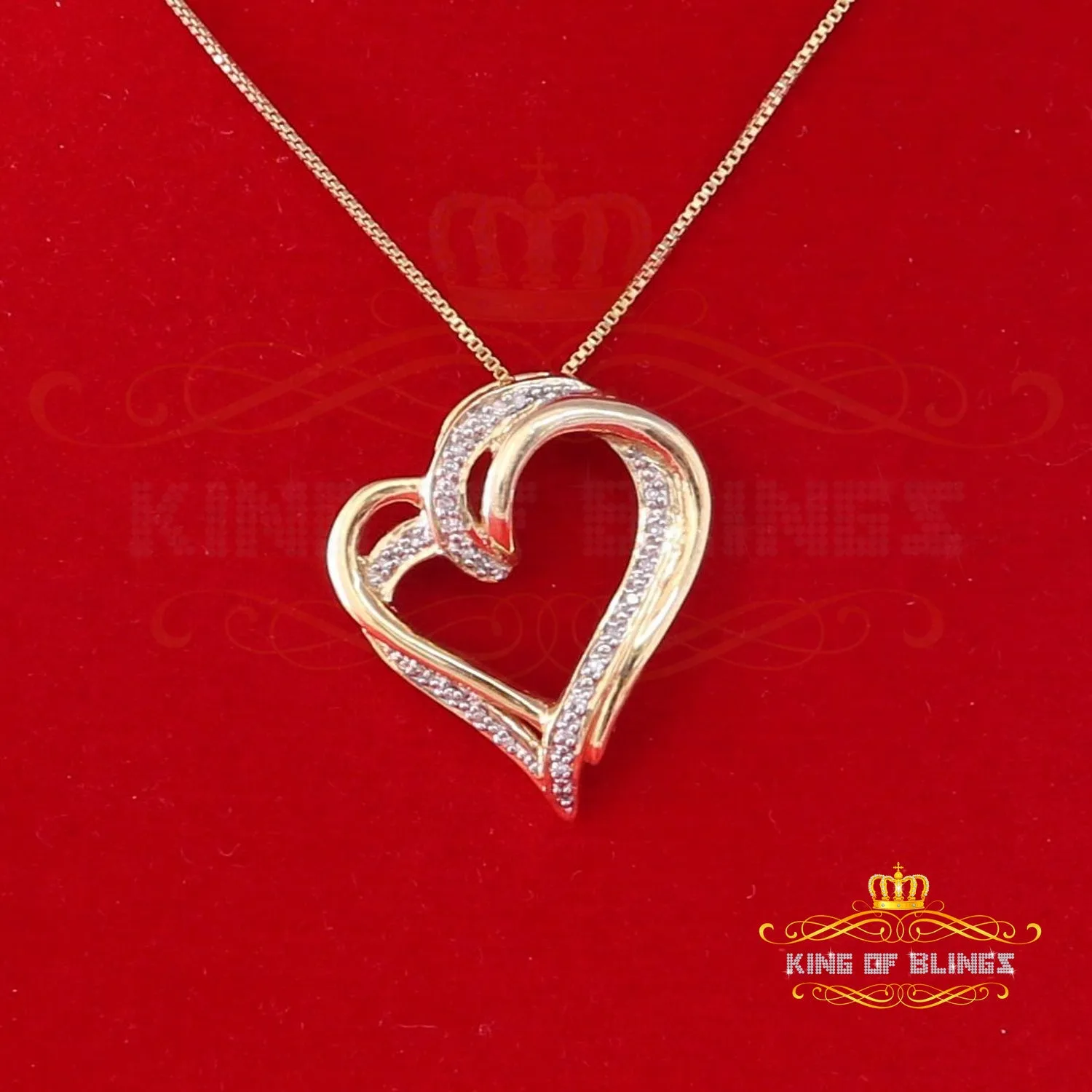 King Of Bling's Real 0.10ct Diamond 925 Sterling Silver HEART Charm Necklace Yellow Pendant
