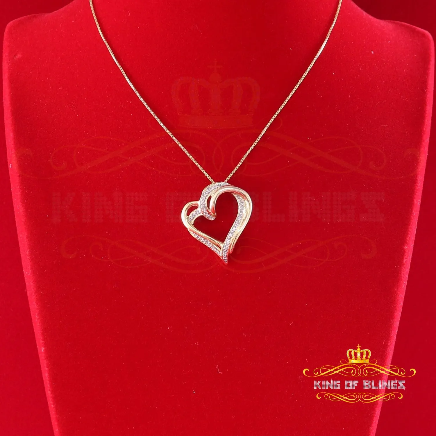King Of Bling's Real 0.10ct Diamond 925 Sterling Silver HEART Charm Necklace Yellow Pendant
