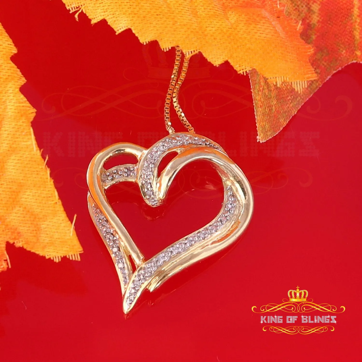 King Of Bling's Real 0.10ct Diamond 925 Sterling Silver HEART Charm Necklace Yellow Pendant