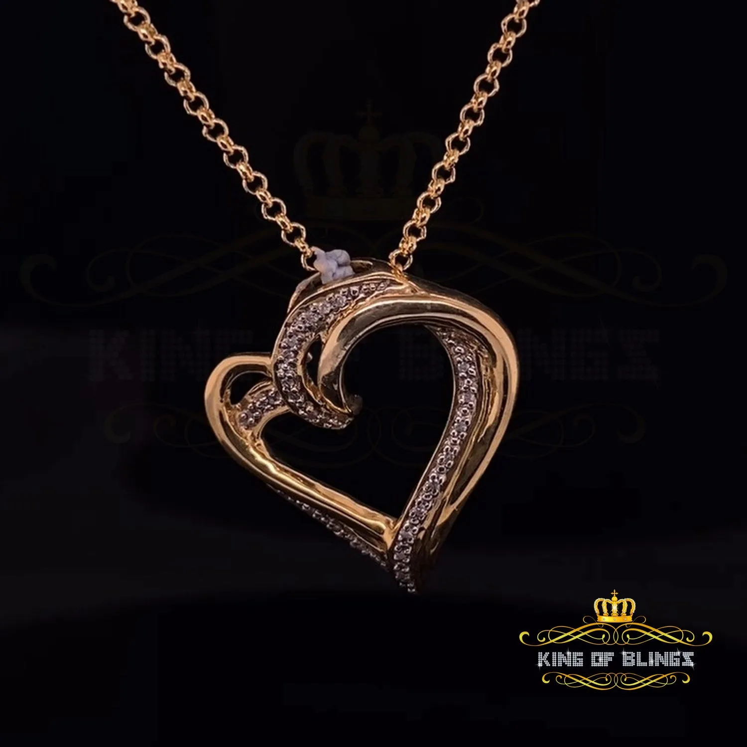 King Of Bling's Real 0.10ct Diamond 925 Sterling Silver HEART Charm Necklace Yellow Pendant