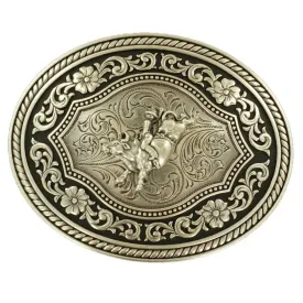 Nocona Silver Scroll & Bull Rider Oval Belt Buckle 37710