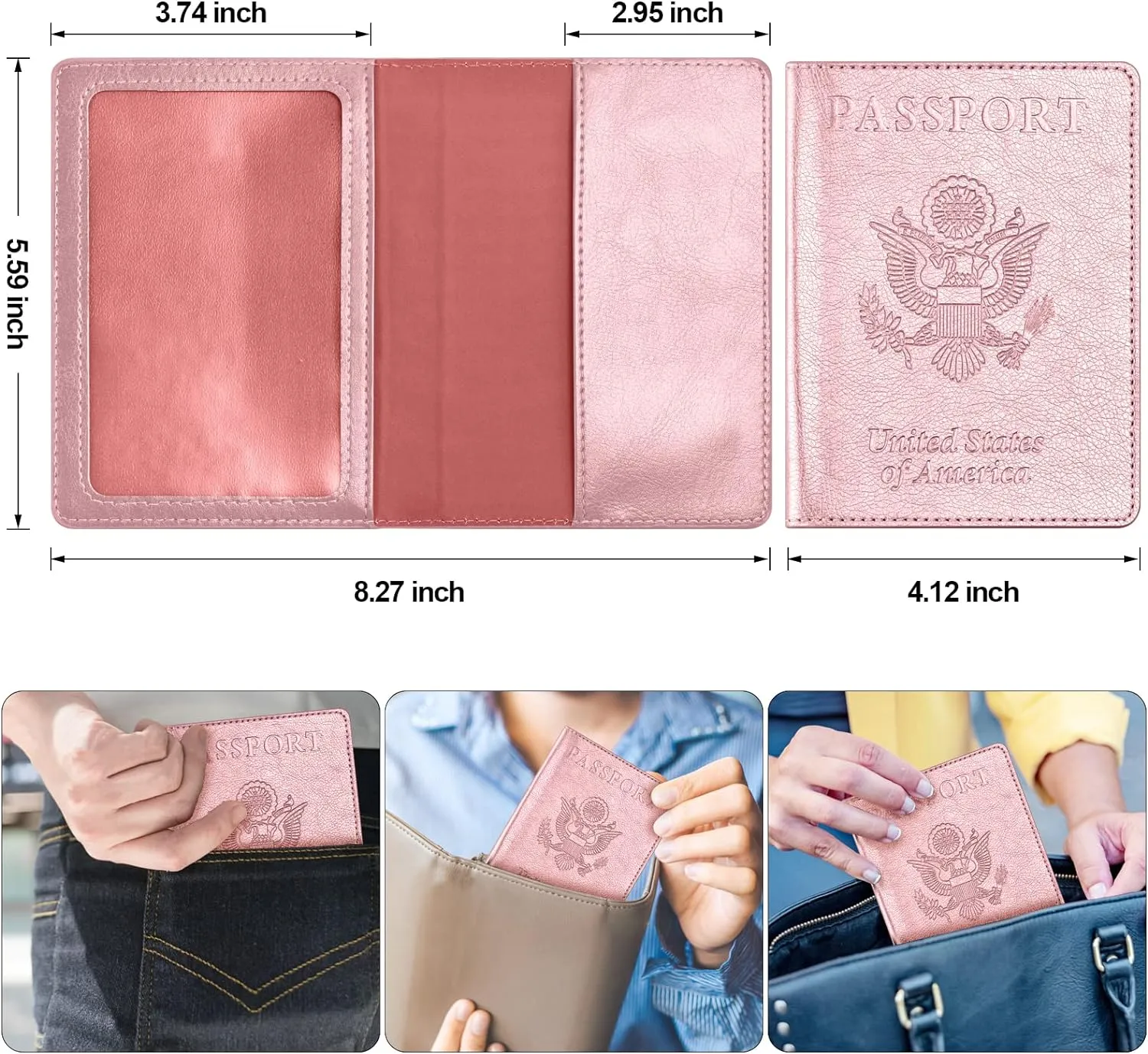 Passport and Vaccine Card Holder Combo, Passport Cover with Vaccine Card Slot, Wallet, Passport Case Holder for Women and MenAE-Rose gold