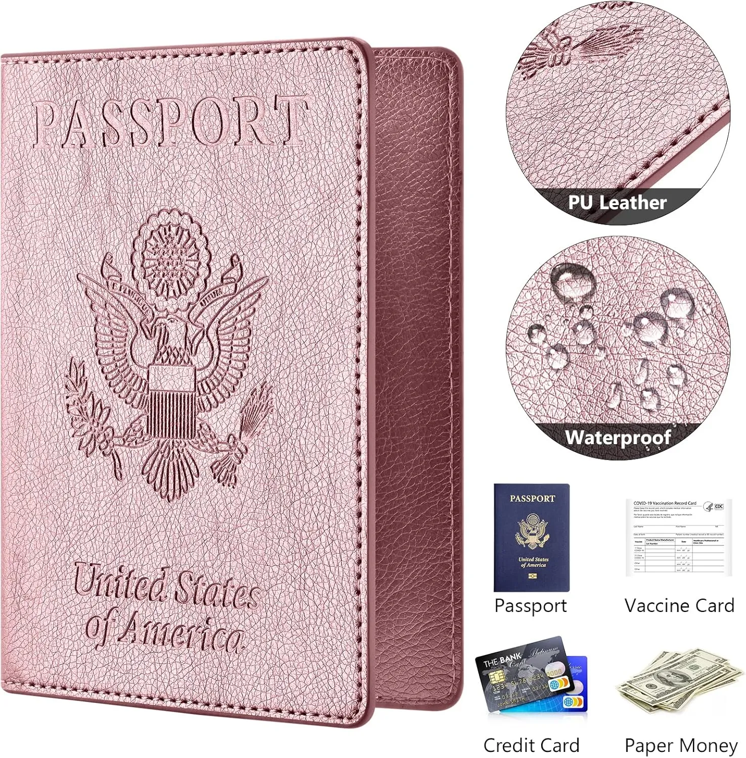 Passport and Vaccine Card Holder Combo, Passport Cover with Vaccine Card Slot, Wallet, Passport Case Holder for Women and MenAE-Rose gold