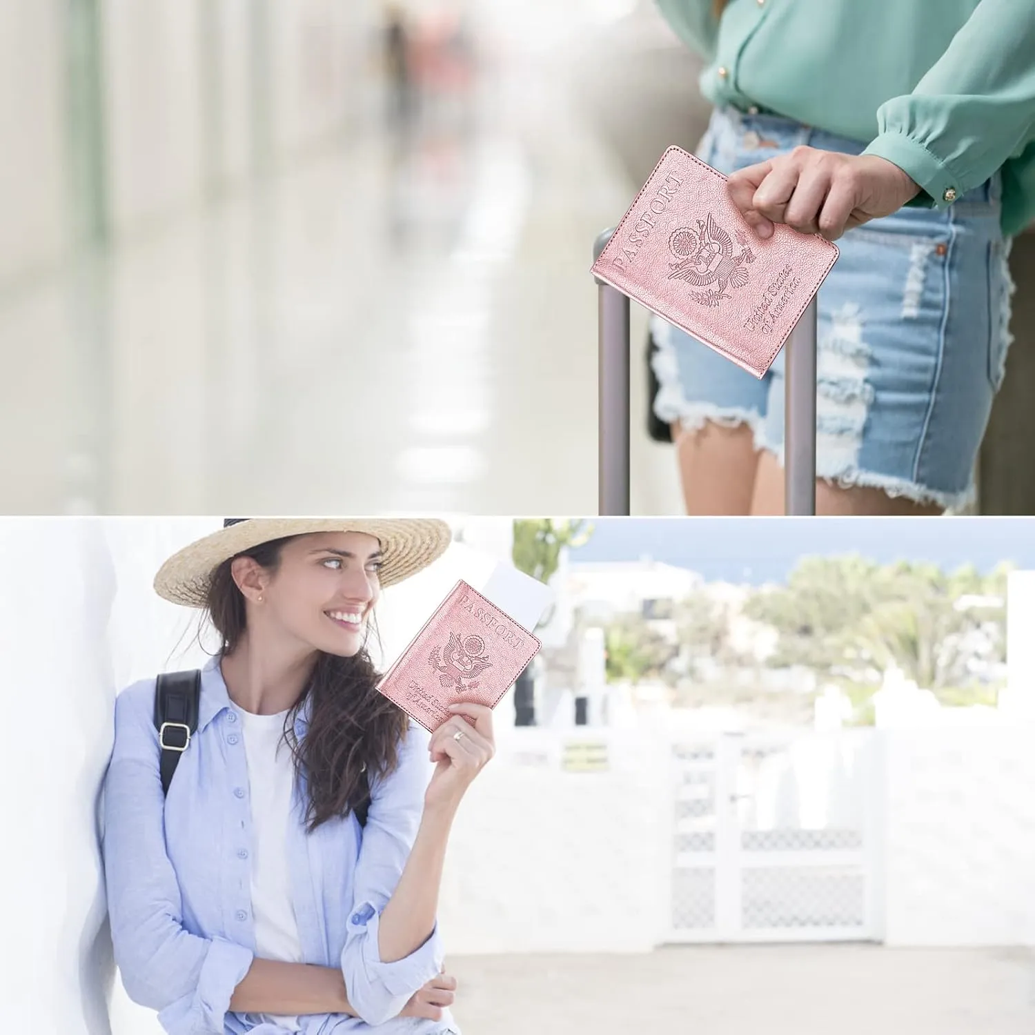 Passport and Vaccine Card Holder Combo, Passport Cover with Vaccine Card Slot, Wallet, Passport Case Holder for Women and MenAE-Rose gold