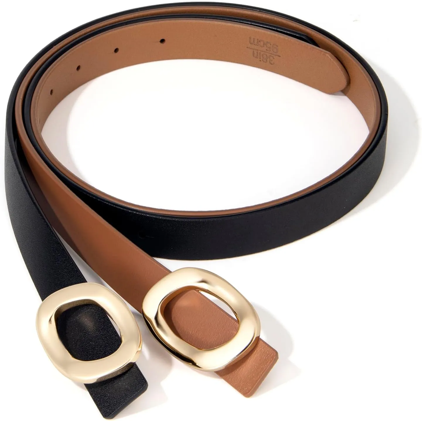 Womens Belt Leather Skinny Thin Waist Belt with Gold Oval Buckle for Dress Pants