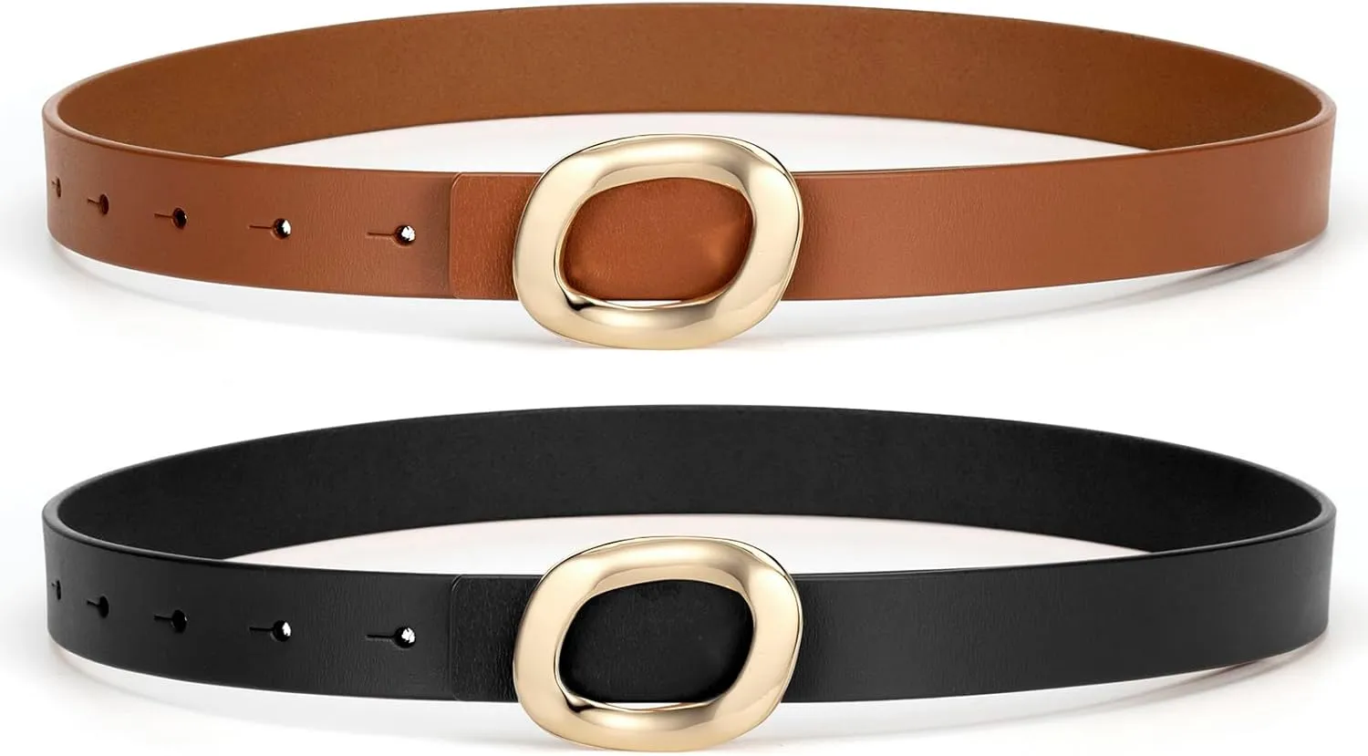 Womens Belt Leather Skinny Thin Waist Belt with Gold Oval Buckle for Dress Pants