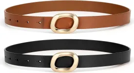 Womens Belt Leather Skinny Thin Waist Belt with Gold Oval Buckle for Dress Pants