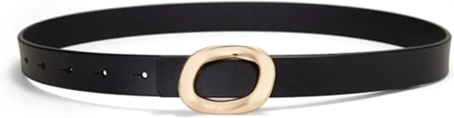 Womens Belt Leather Skinny Thin Waist Belt with Gold Oval Buckle for Dress Pants