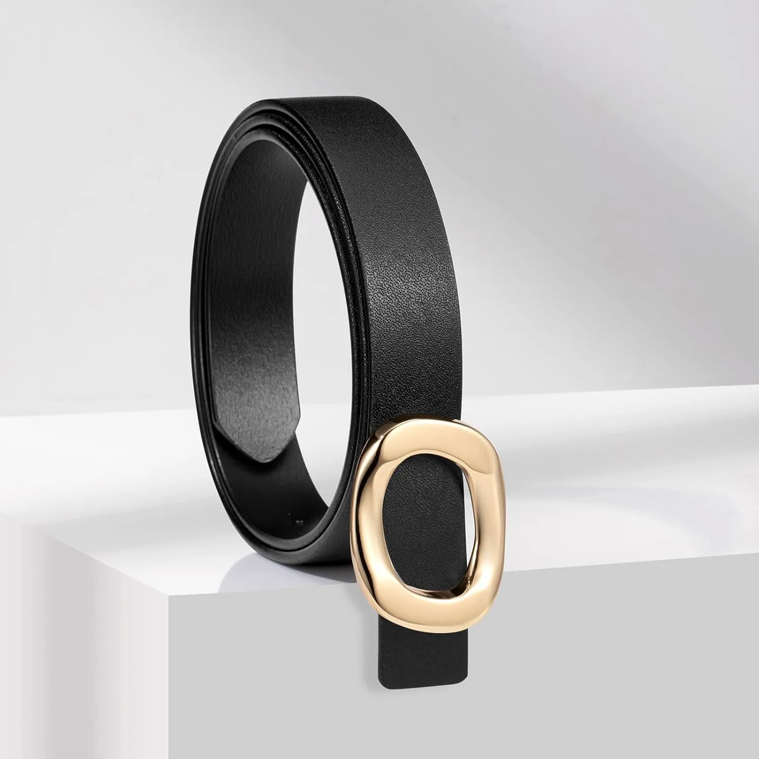 Womens Belt Leather Skinny Thin Waist Belt with Gold Oval Buckle for Dress Pants